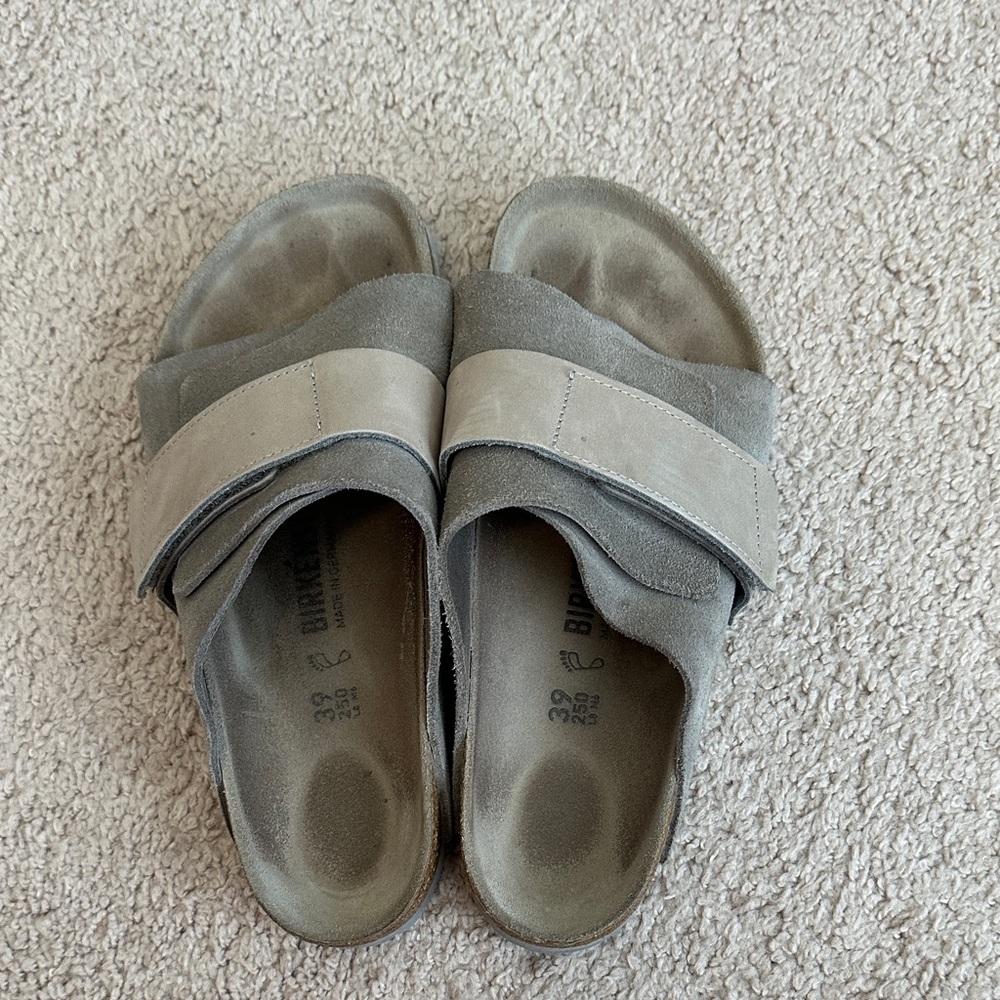 Birkenstock Gray and Beige Slide Sandals